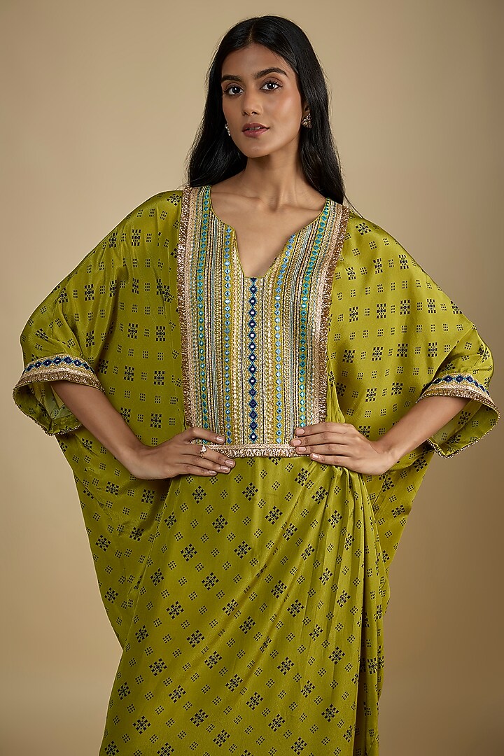 Green Crepe Digital Printed Kaftan Vacation Dress by Nadima Saqib at Pernia's Pop Up Shop