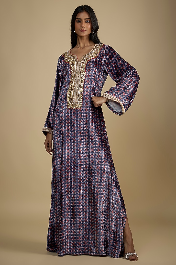 Blue Velvet Digital Printed Kaftan Vacation Dress by Nadima Saqib at Pernia's Pop Up Shop