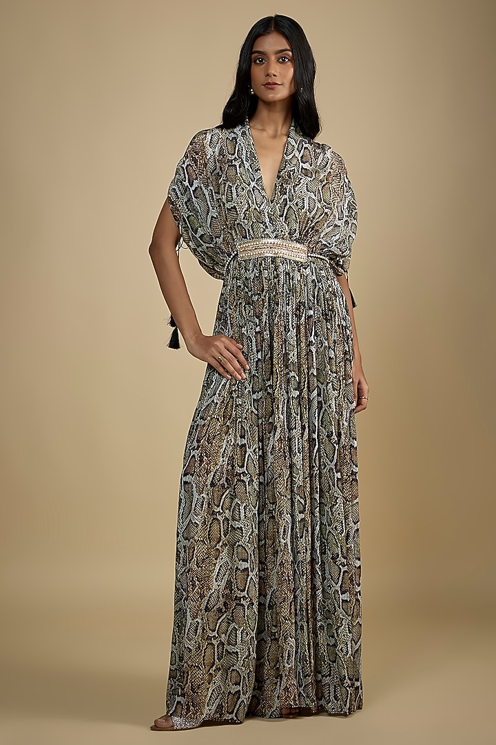 Black Crepe Digital Snake Printed Jumpsuit by Nadima Saqib at Pernia's Pop Up Shop