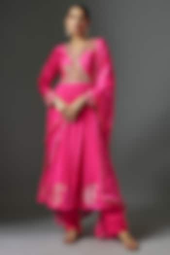 Hot Pink Chanderi Embroidered Anarkali Set by Nadima Saqib