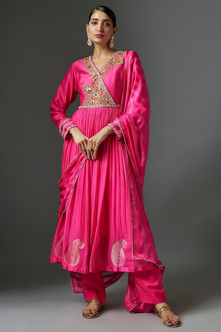 Hot Pink Chanderi Embroidered Anarkali Set by Nadima Saqib