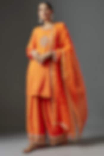 Orange Dupion Embroidered Kurta Set by Nadima Saqib