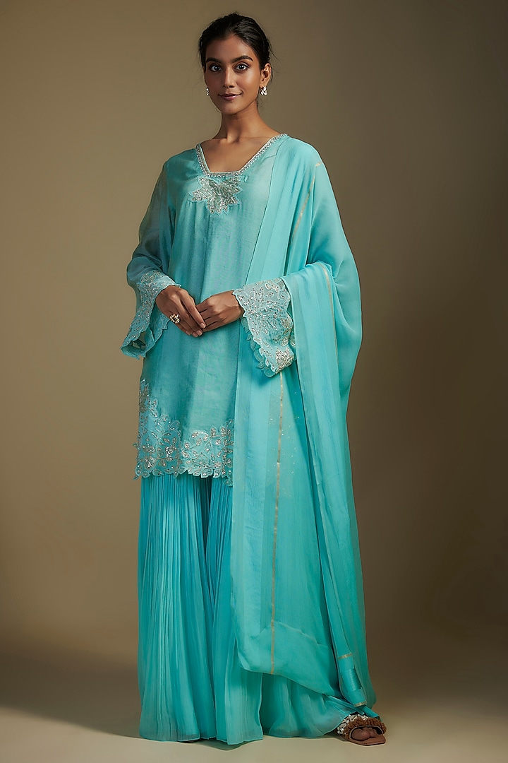 Sky Blue Georgette Gharara Set by Nadima Saqib at Pernia's Pop Up Shop