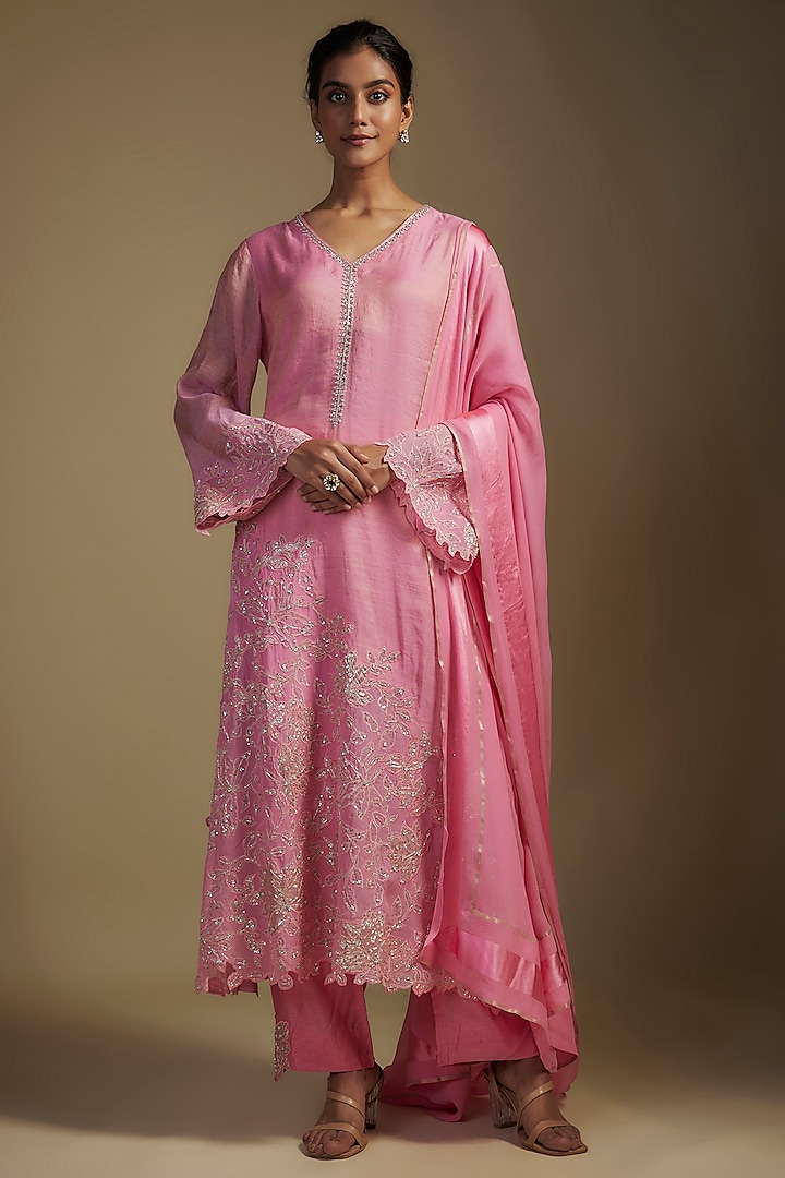 Pink Organza & Tissue Sequins Embroidered Kurta Set by Nadima Saqib at Pernia's Pop Up Shop