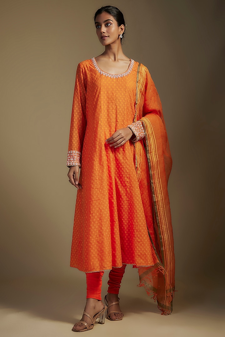 Orange Chanderi Zardosi & Marodi Embroidered Kurta Set by Nadima Saqib at Pernia's Pop Up Shop