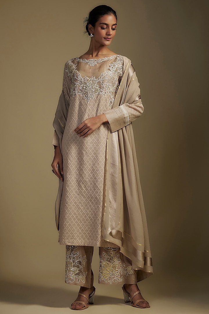 Brown Chanderi & Organza Sequins Embroidered Kurta Set by Nadima Saqib at Pernia's Pop Up Shop