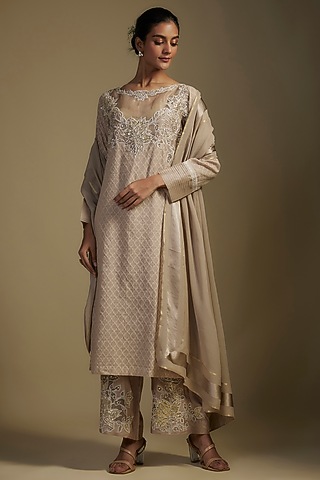Brown Chanderi & Organza Sequins Embroidered Kurta Set by Nadima Saqib