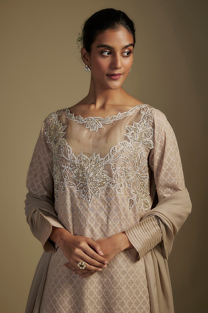 Brown Chanderi & Organza Sequins Embroidered Kurta Set by Nadima Saqib at Pernia's Pop Up Shop