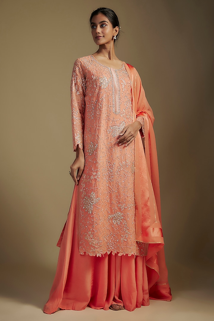 Peach Crepe Sharara Set by Nadima Saqib at Pernia's Pop Up Shop