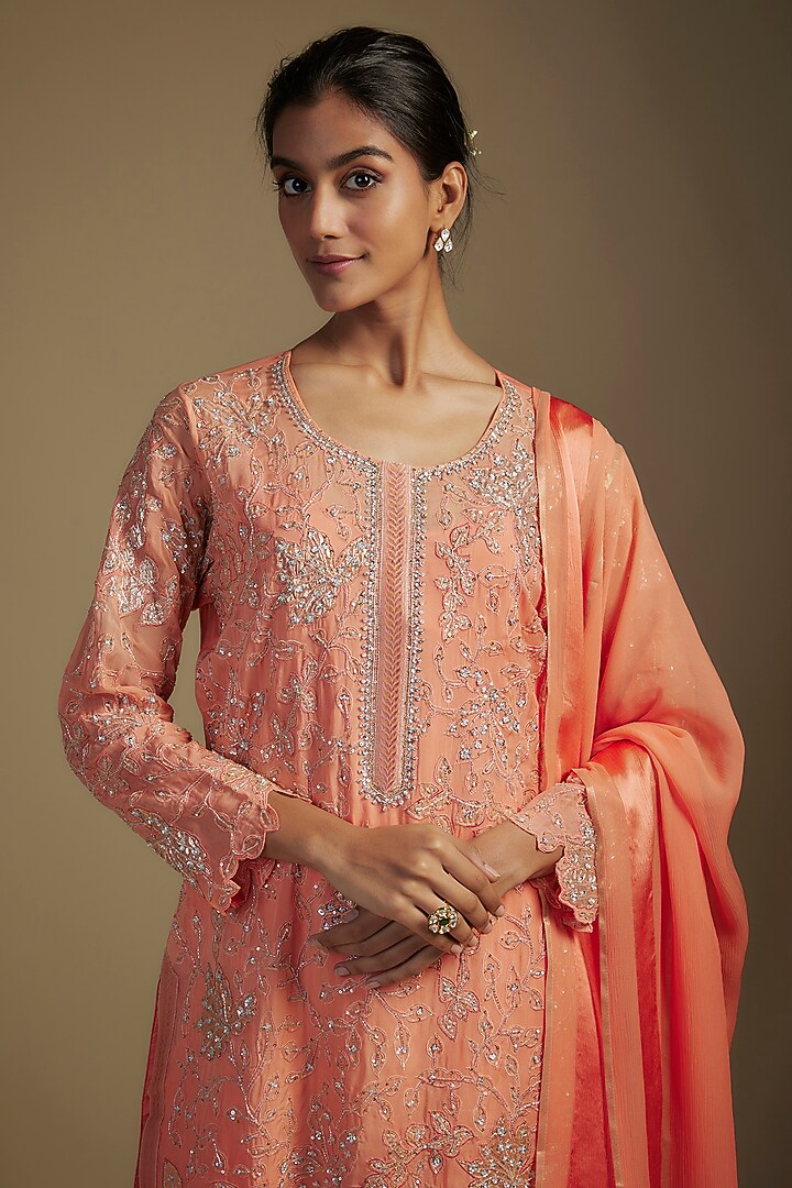 Peach Crepe Wedding Sharara Set by Nadima Saqib at Pernia's Pop Up Shop