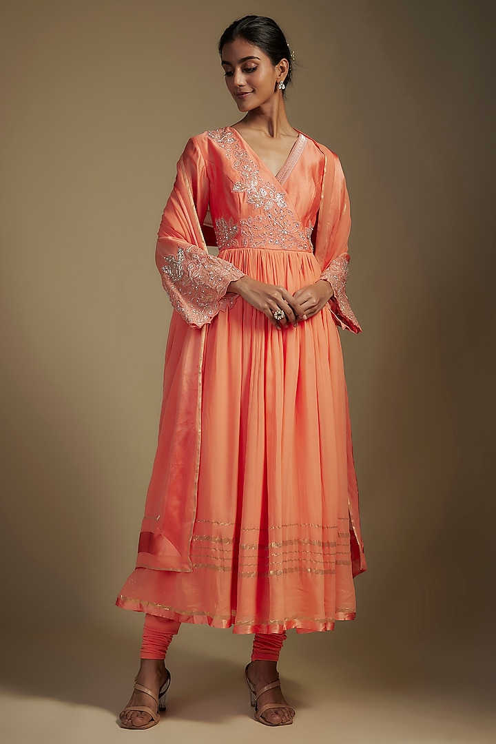 Peach Georgette Sequins Embroidered Anarkali Set by Nadima Saqib at Pernia's Pop Up Shop