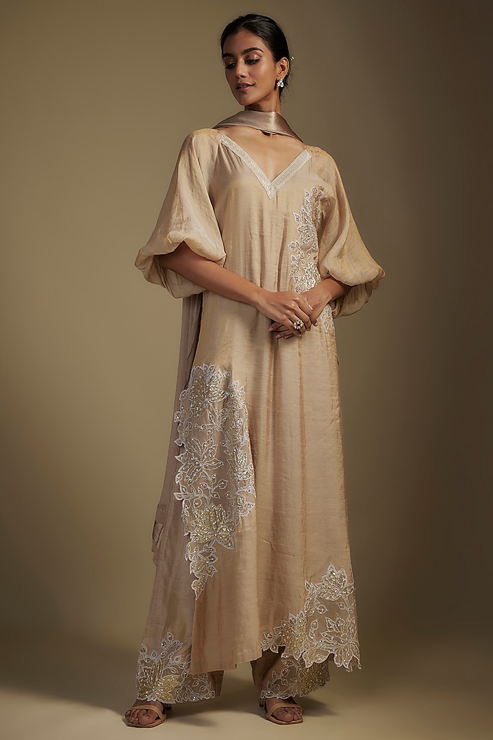 Brown Tissue & Organza Sequins Embroidered Kurta Set by Nadima Saqib at Pernia's Pop Up Shop