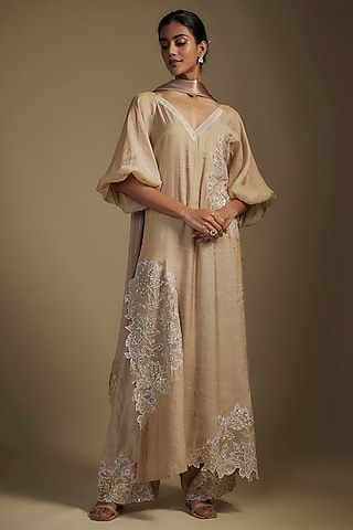 Brown Tissue & Organza Sequins Embroidered Kurta Set by Nadima Saqib