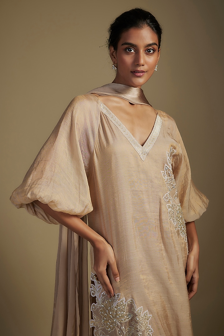 Brown Tissue & Organza Sequins Embroidered Kurta Set by Nadima Saqib at Pernia's Pop Up Shop