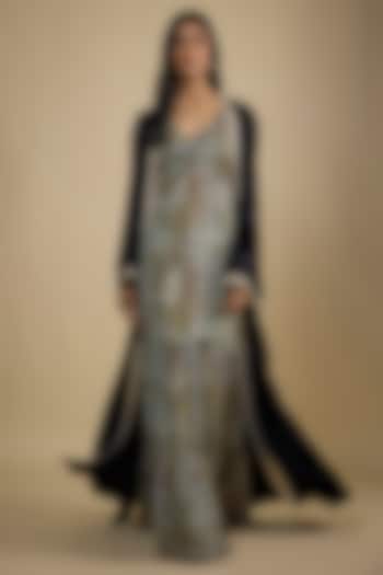 Black Crepe Snake Printed Maxi Vacation Dress With Cape by Nadima Saqib at Pernia's Pop Up Shop