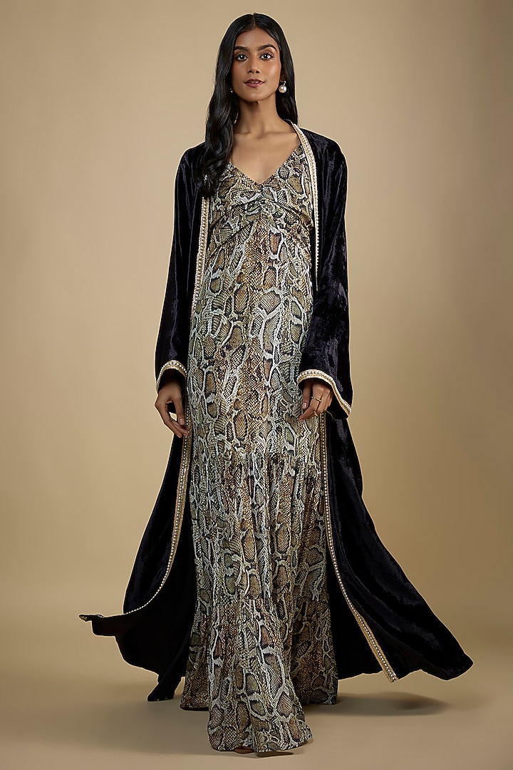 Black Crepe Snake Printed Maxi Vacation Dress With Cape by Nadima Saqib at Pernia's Pop Up Shop
