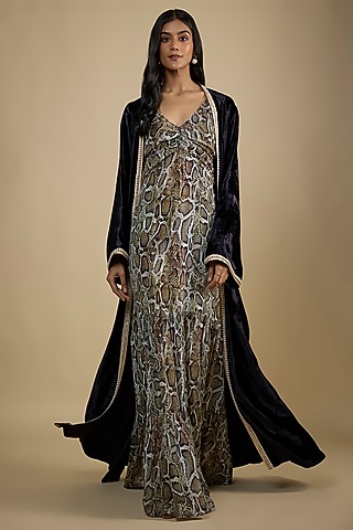 Black Crepe Snake Printed Maxi Dress With Cape by Nadima Saqib