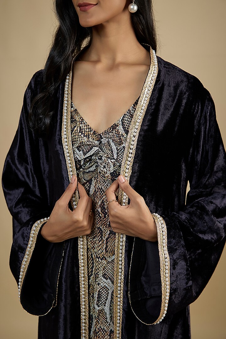 Black Crepe Snake Printed Maxi Vacation Dress With Cape by Nadima Saqib at Pernia's Pop Up Shop