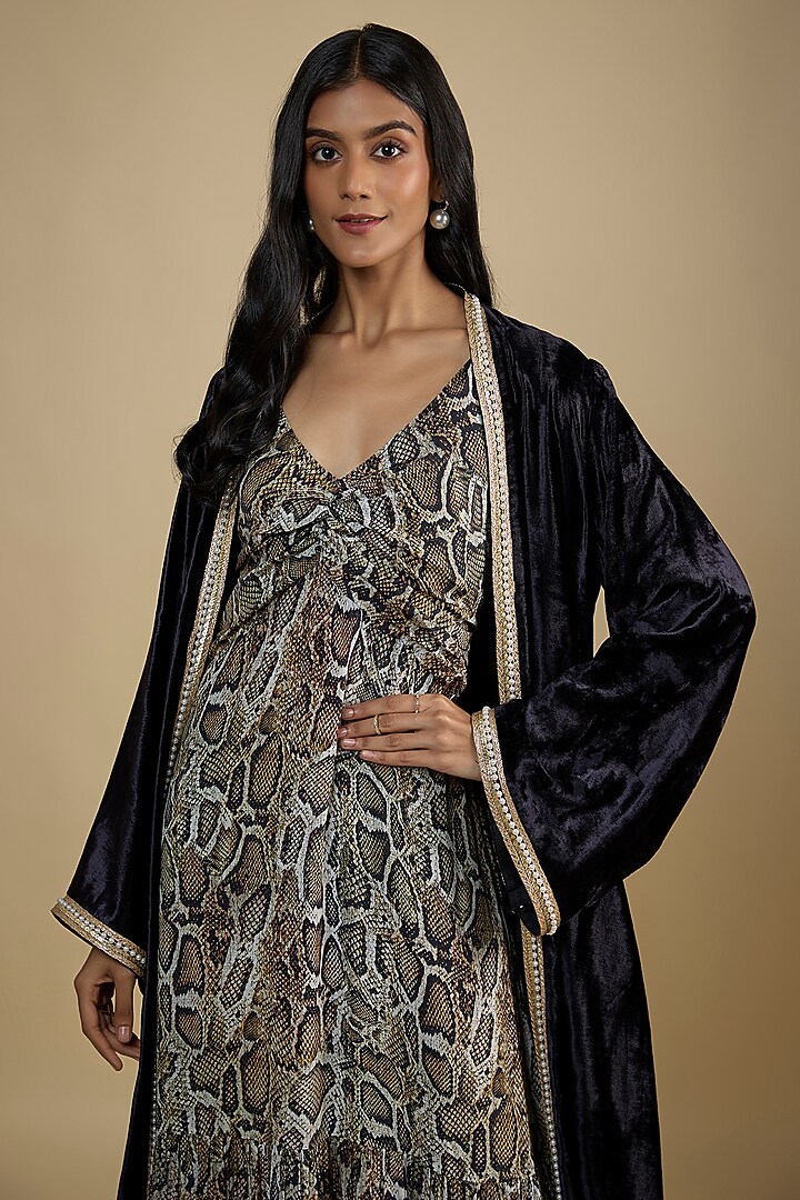 Black Crepe Snake Printed Maxi Vacation Dress With Cape by Nadima Saqib at Pernia's Pop Up Shop
