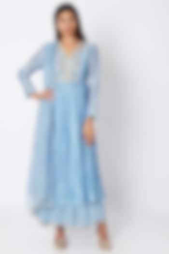 Sky Blue Embroidered Gown With Dupatta by Nadima Saqib at Pernia's Pop Up Shop