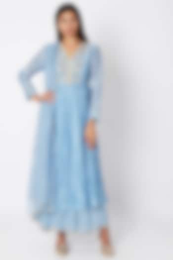 Sky Blue Embroidered Gown With Dupatta by Nadima Saqib