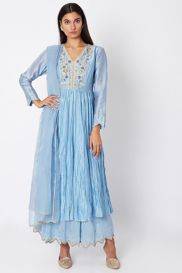 Sky Blue Embroidered Gown With Dupatta by Nadima Saqib at Pernia's Pop Up Shop