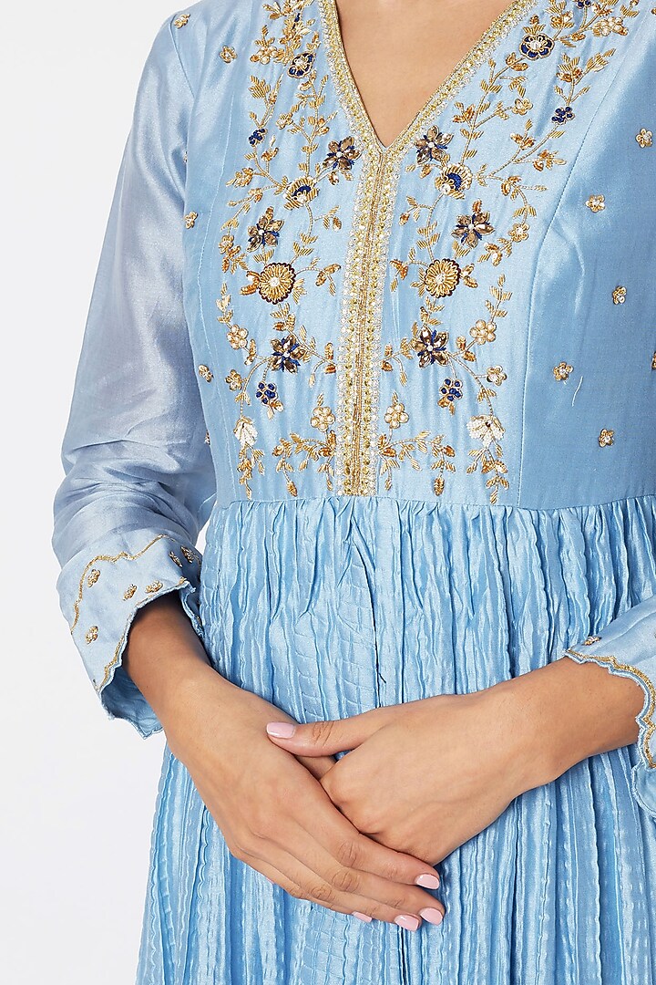 Sky Blue Embroidered Gown With Dupatta by Nadima Saqib at Pernia's Pop Up Shop