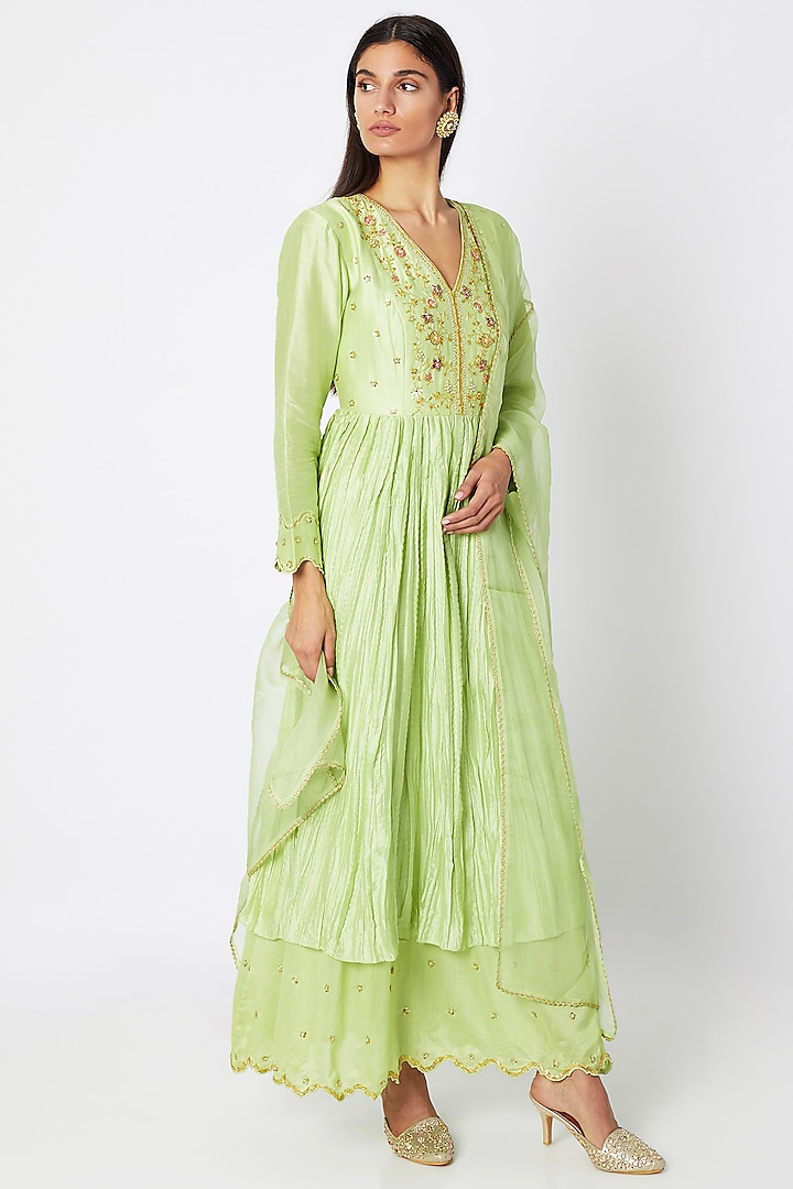 Mint Green Embroidered Gown With Dupatta by Nadima Saqib