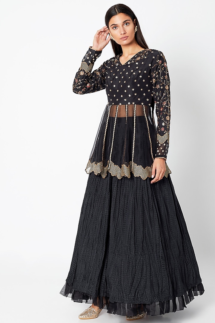 Black Embroidered Lehenga Skirt With Peplum Top by Nadima Saqib