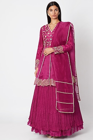 Wine Embroidered Lehenga Set by Nadima Saqib