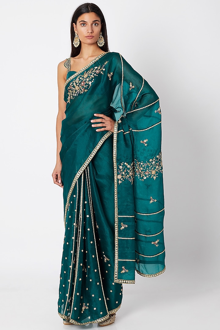 Emerald Green Embroidered Saree Set by Nadima Saqib