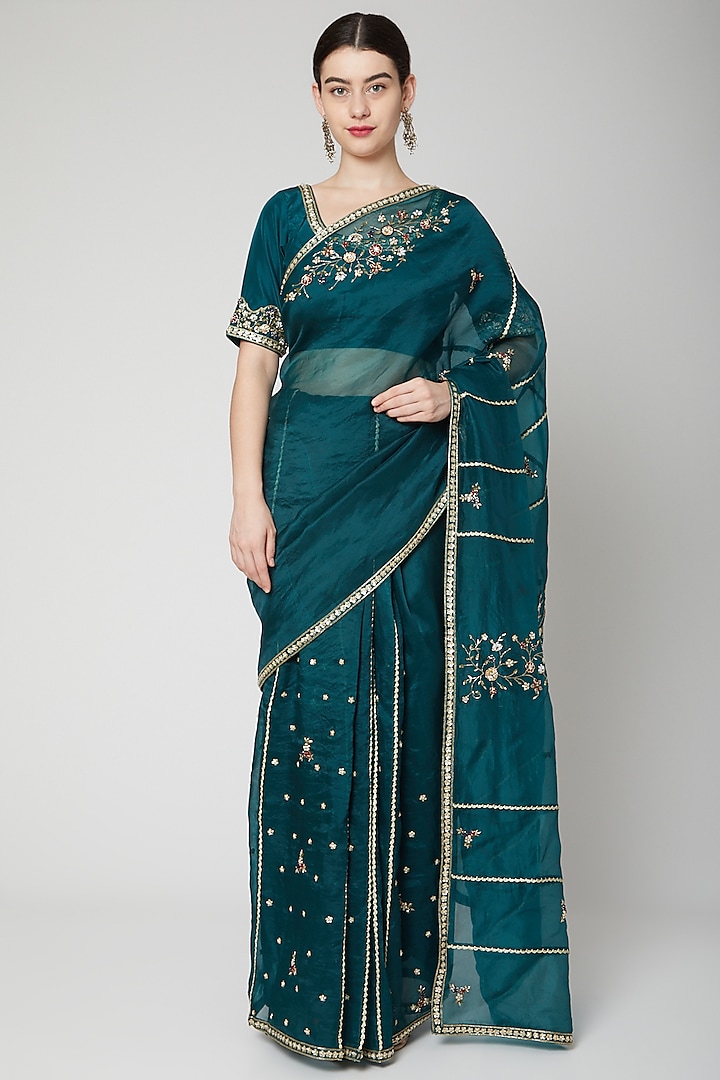 Emerald Green Pure Silk & Silk Organza Zardosi Embroidered Wedding Saree Set by Nadima Saqib at Pernia's Pop Up Shop