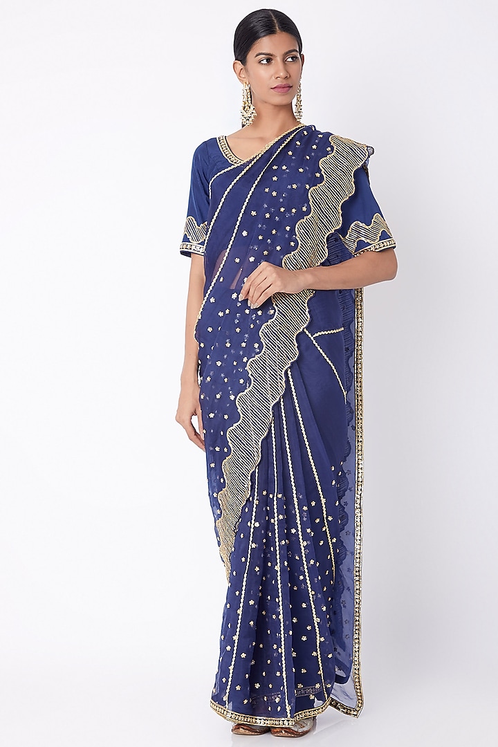 Cobalt Blue Embroidered Saree Set by Nadima Saqib