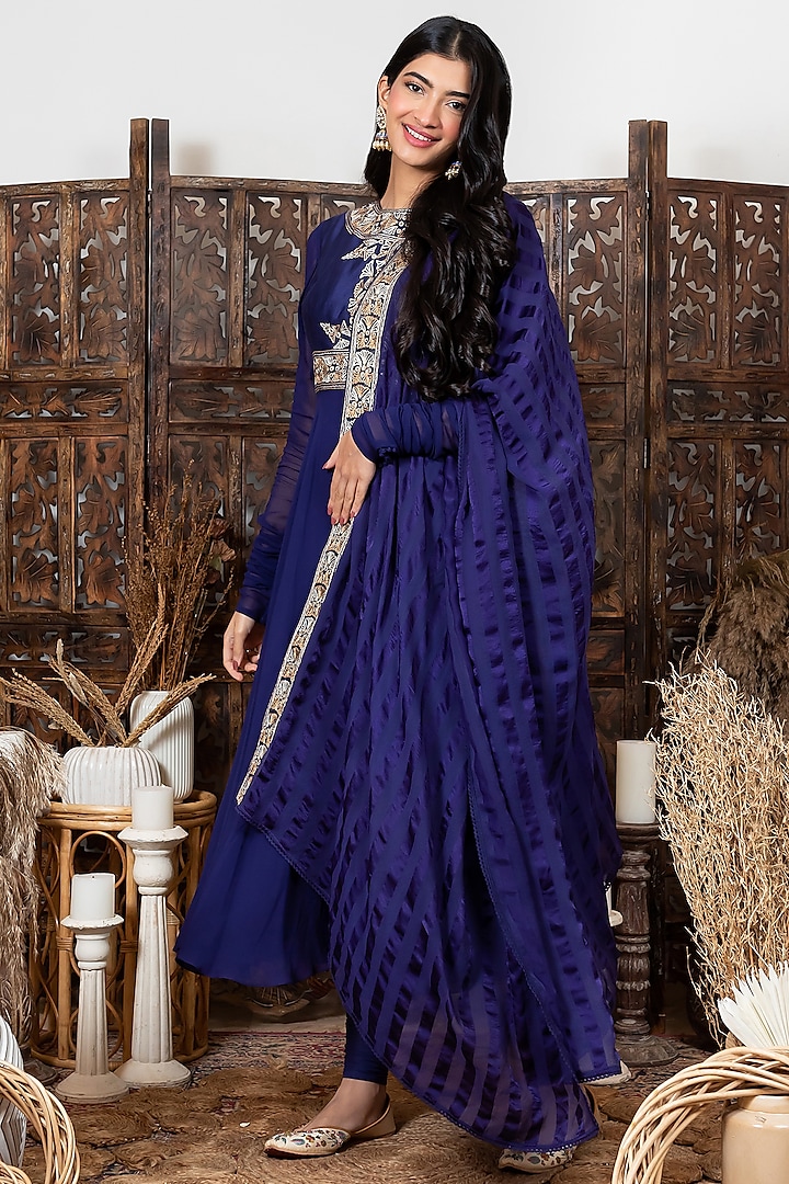 Royal Blue Embroidered Anarkali Set by Nadima Saqib