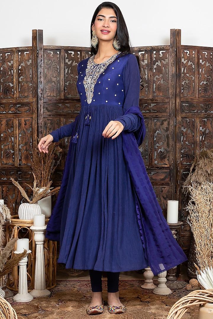 Royal Blue Embroidered Chanderi Anarkali Set Design by Nadima Saqib at ...