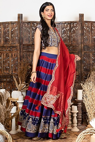 Red & Royal Blue Embroidered Lehenga Set by Nadima Saqib