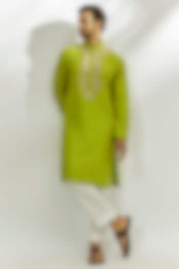 Lime Green Chanderi Tissue Silk Zardosi & Thread Embroidered Kurta by Nadima Saqib Men