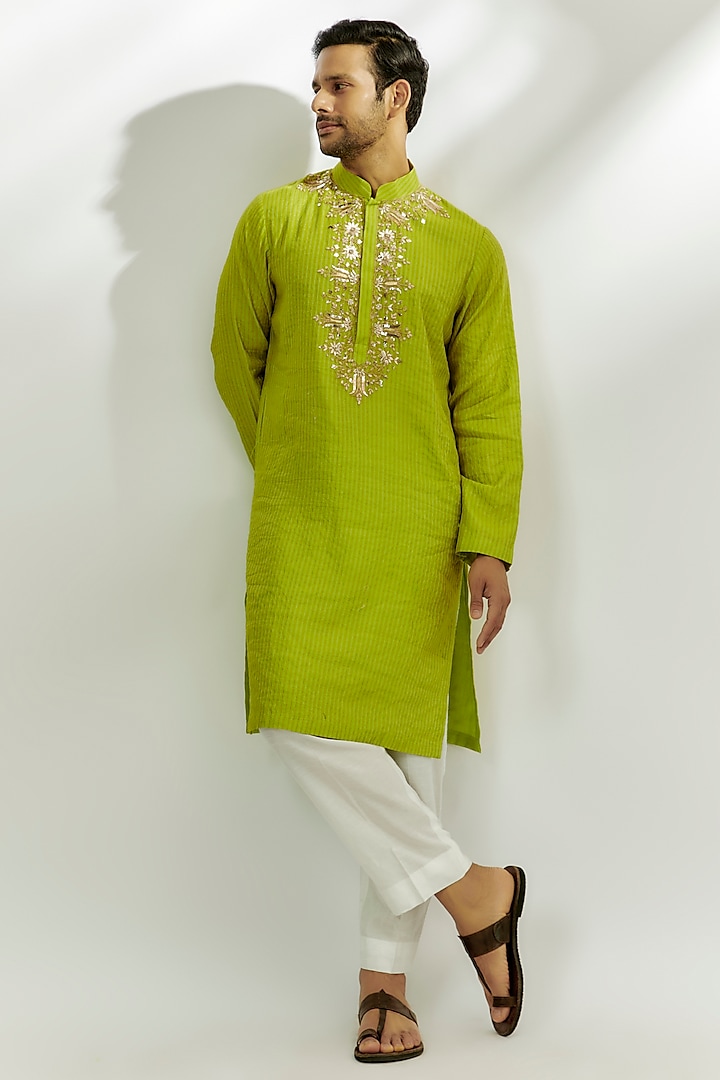 Lime Green Chanderi Tissue Silk Zardosi & Thread Embroidered Kurta by Nadima Saqib Men