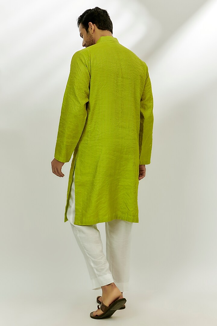 Lime Green Chanderi Tissue Silk Zardosi & Thread Embroidered Kurta by Nadima Saqib Men at Pernia's Pop Up Shop