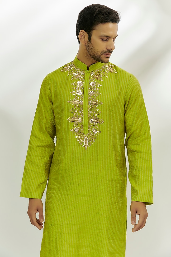 Lime Green Chanderi Tissue Silk Zardosi & Thread Embroidered Kurta by Nadima Saqib Men at Pernia's Pop Up Shop