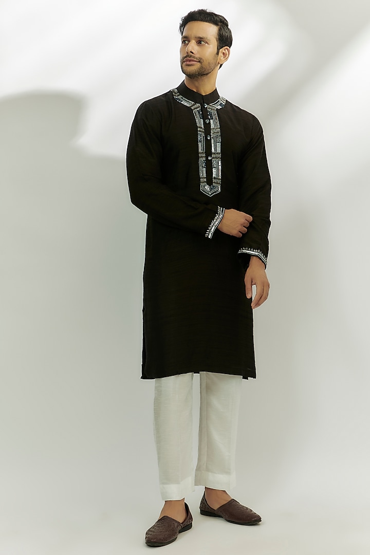 Black Viscose Matka Silk Sequins & Zardosi Embroidered Kurta by Nadima Saqib Men