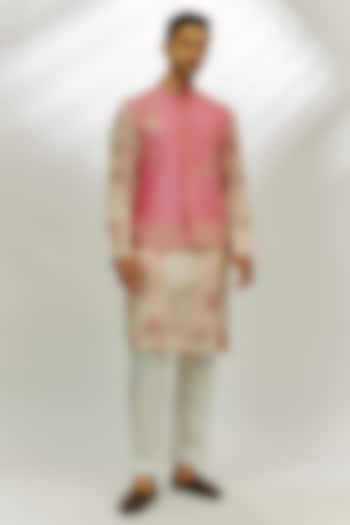 Pastel Pink Raw Silk Marodi & Thread Embroidered Bundi Jacket Set by Nadima Saqib Men