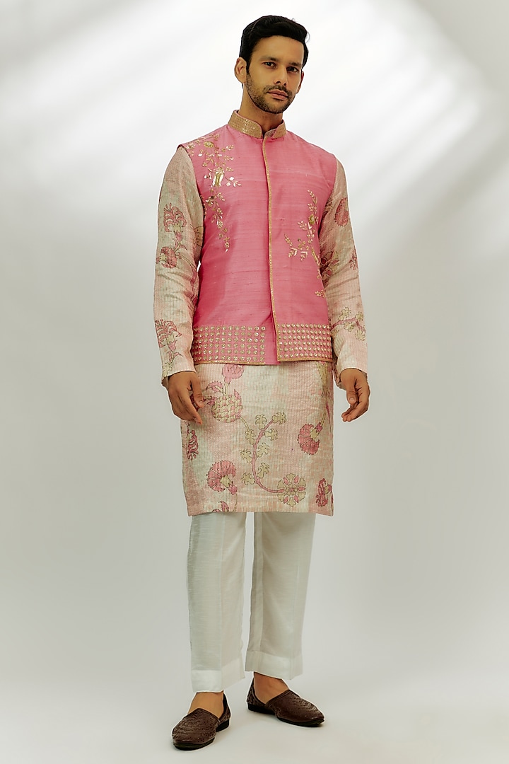 Pastel Pink Raw Silk Marodi & Thread Embroidered Bundi Jacket Set by Nadima Saqib Men