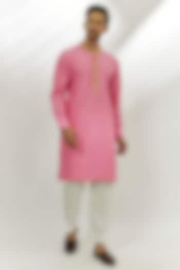 Pastel Pink Cotton Silk Sequins & Zardosi Embroidered Kurta by Nadima Saqib Men