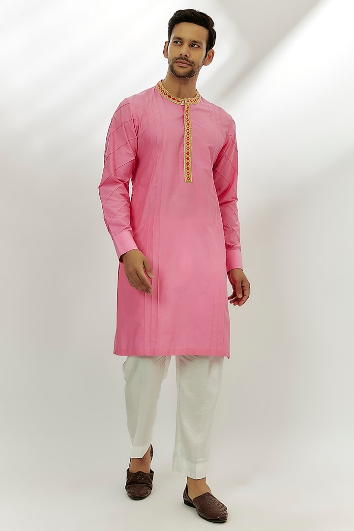 Pastel Pink Cotton Silk Sequins & Zardosi Embroidered Kurta by Nadima Saqib Men