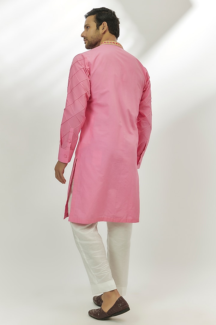 Pastel Pink Cotton Silk Sequins & Zardosi Embroidered Kurta by Nadima Saqib Men at Pernia's Pop Up Shop