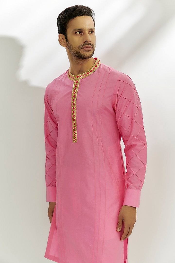 Pastel Pink Cotton Silk Sequins & Zardosi Embroidered Kurta by Nadima Saqib Men at Pernia's Pop Up Shop