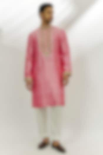 Pastel Pink Raw Silk Resham & Thread Embroidered Kurta by Nadima Saqib Men