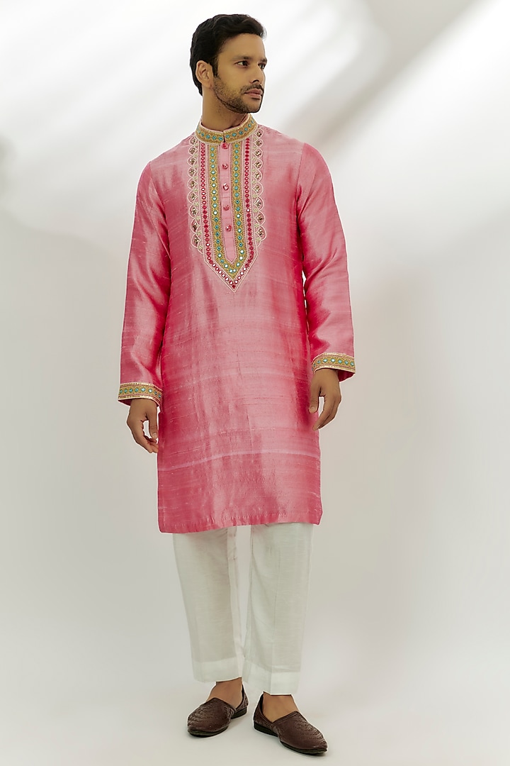 Pastel Pink Raw Silk Resham & Thread Embroidered Kurta by Nadima Saqib Men