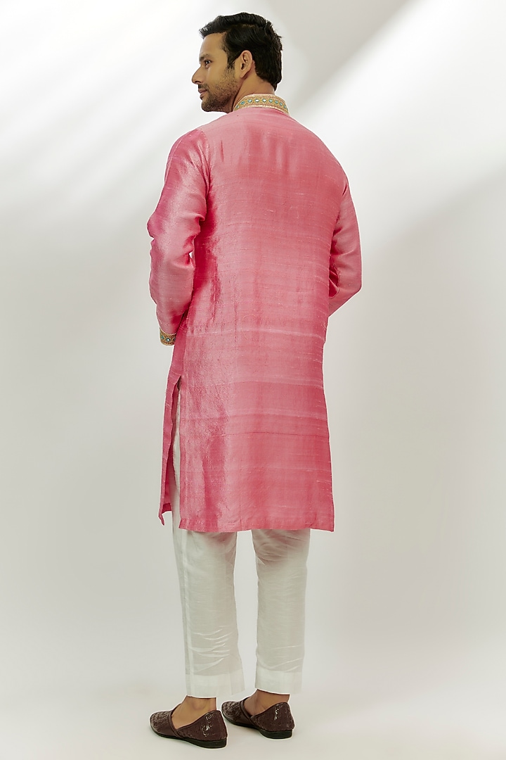 Pastel Pink Raw Silk Resham & Thread Embroidered Kurta by Nadima Saqib Men at Pernia's Pop Up Shop